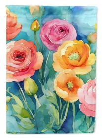 Ranunculus in Watercolor House Flag Large Porch Sleeve Pole Decorative Outside Yard Banner Artwork Wall Hanging, Polyester, House Size, Multicolo