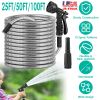 25FT/50FT/100FT Heavy Duty Stainless Steel Garden Hose Garden Watering Kit Metal Water Hose with 2 Nozzles 12 Patterns Flexible Extendable Kink Tangle